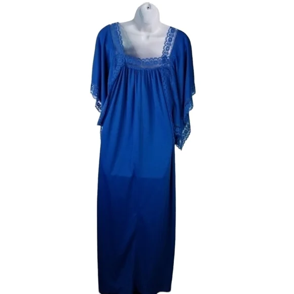 Vtg 70s royal blue long kimono sleeve maxi dress new - Picture 3 of 9